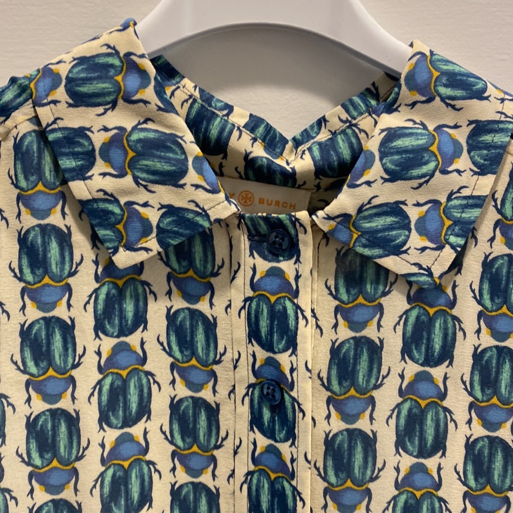 Tory Burch silk button down blouse with beetles. Size 4.